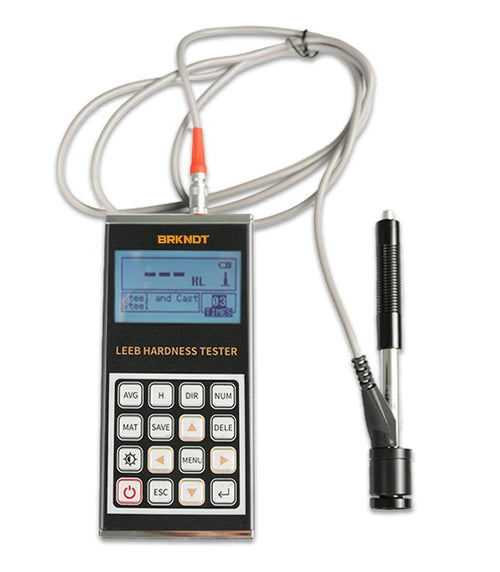 A handheld BRK Leeb hardness tester with a blue backlit LCD screen, and attached probe.