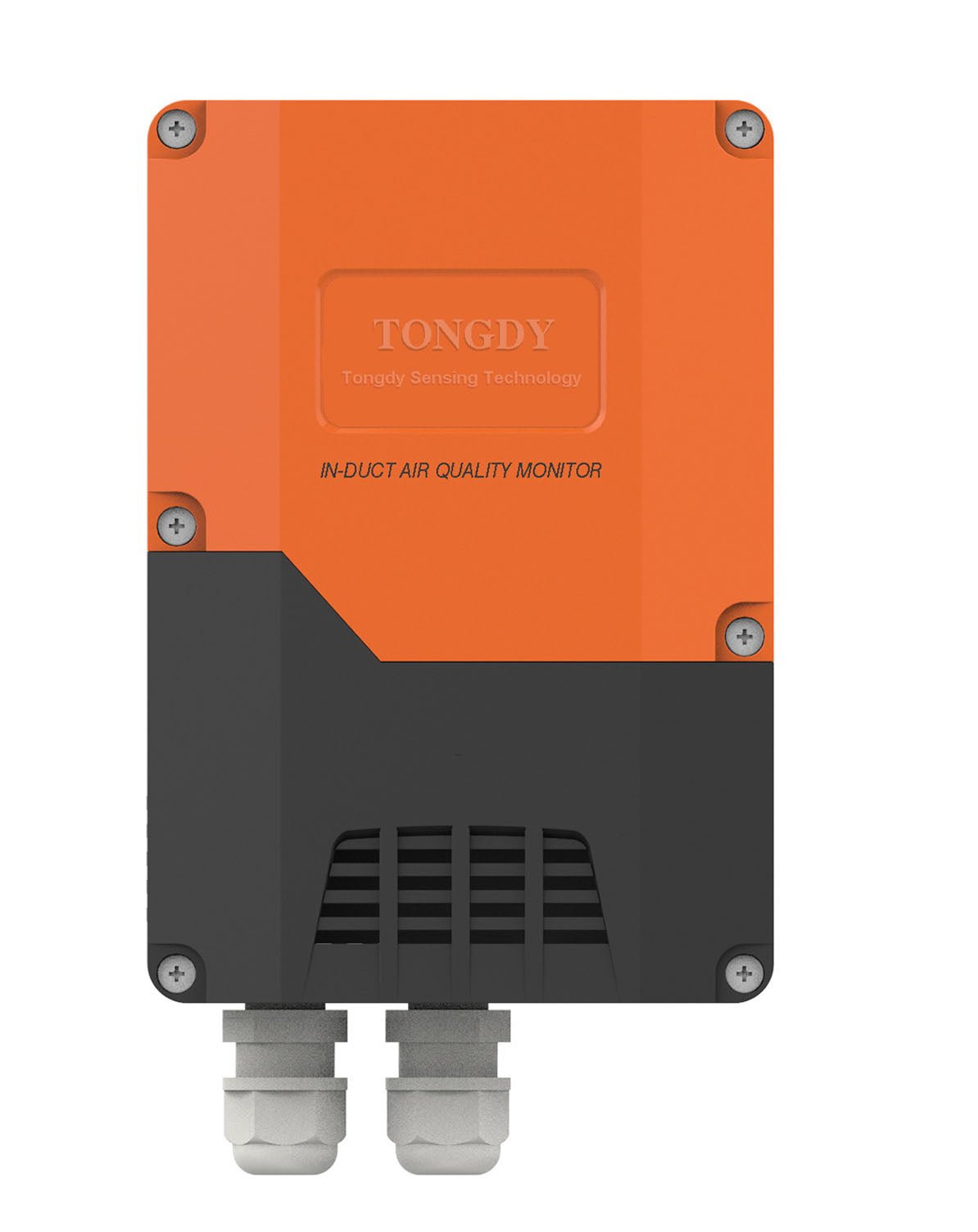 Orange and black air quality monitor by Tongdy, featuring vent slots and screw details.