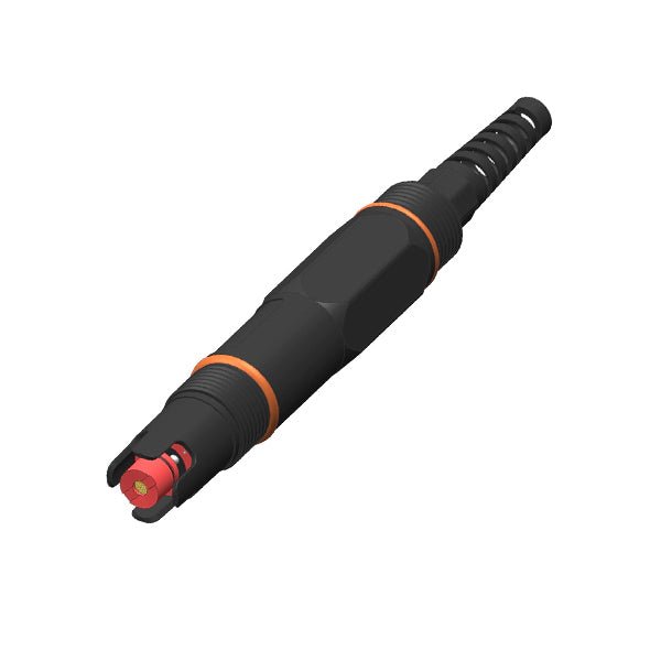 Black online digital ion sensor by Sper Scientific with orange rings, and ribbed design at the top.