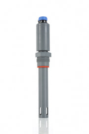 Gray online digital residual chlorine sensor by Sper Scientific with a blue cap and slots at the bottom.