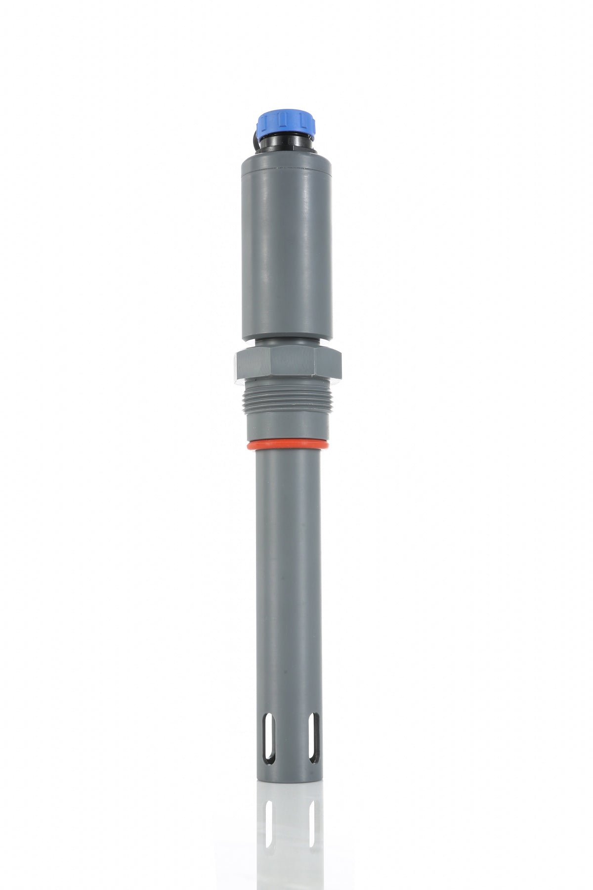 Gray online digital residual chlorine sensor by Sper Scientific with a blue cap and slots at the bottom.