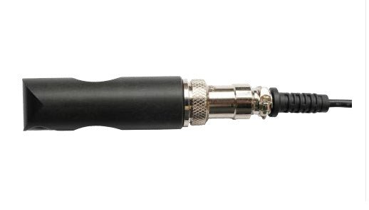 Large black weld probe for VORTEX Series Flaw Detectors by BRK, featuring metallic coupling and black cable.