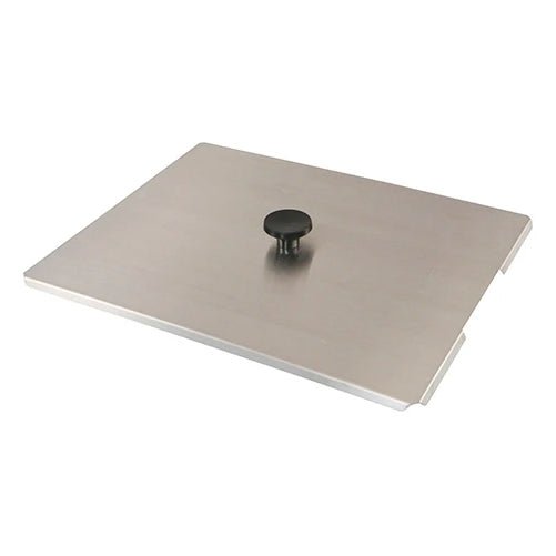 Stainless steel lid cover by Crest Ultrasonics with a black knob in the middle.