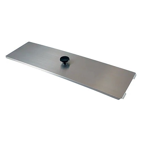 Stainless steel lid cover by Crest Ultrasonics with a black knob in the middle.