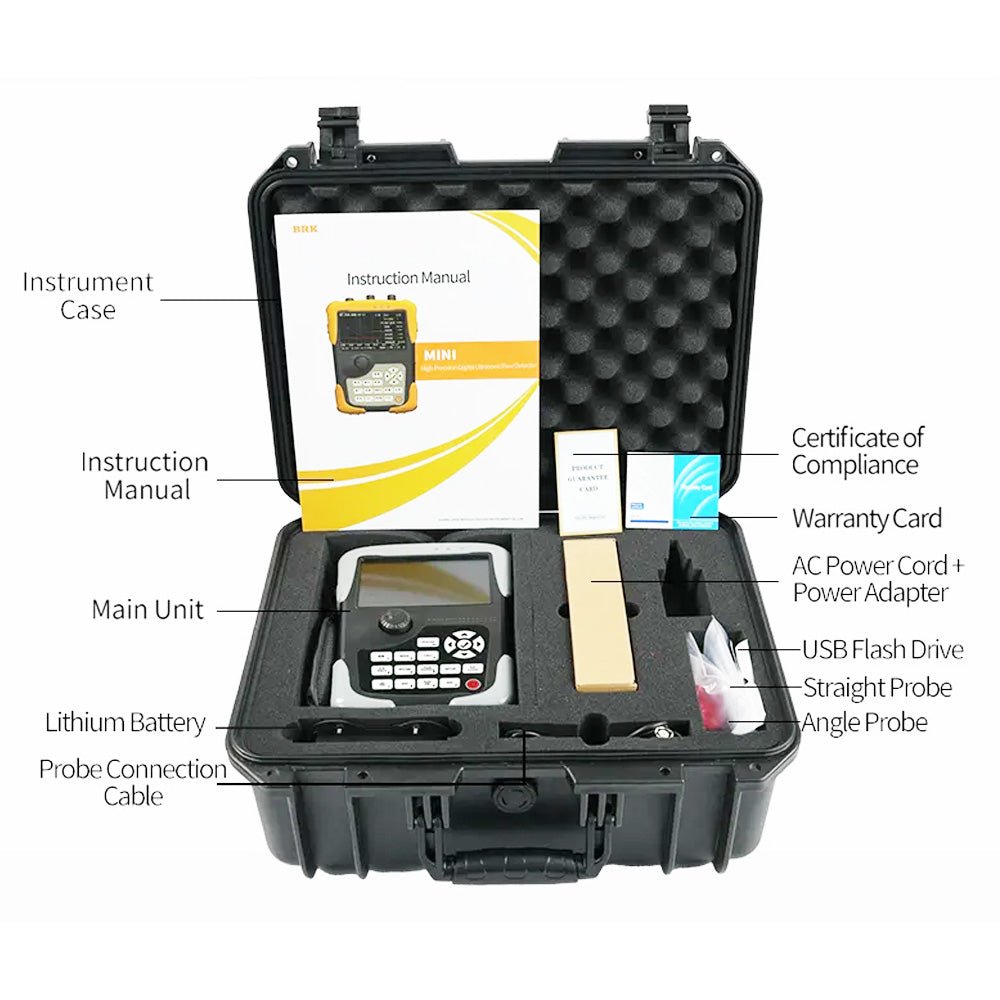 Digital ultrasonic flaw detector by BRK in black instrument case with instruction manual, warranty card, and probes.

