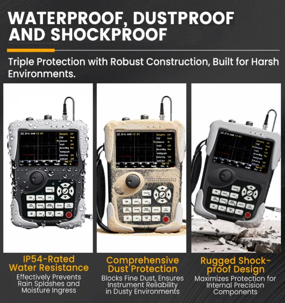 Digital ultrasonic flaw detector by BRK, shown with robust construction designed for harsh environments, with waterproof, dustproof, and shockproof features.
