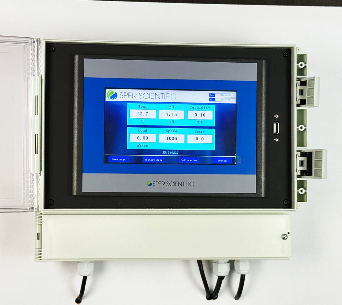 Online multi-parameter water quality analyzer by Sper Scientific showing digital display readings, and exterior USB port.
