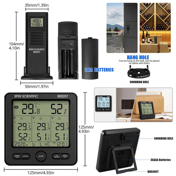A product collage for the Sper Scientific 80057 digital hygrometer kit. The image shows the hygrometer and its charging/carrying dock, AA batteries, stand, dimension callouts and small lifestyle inset photos.