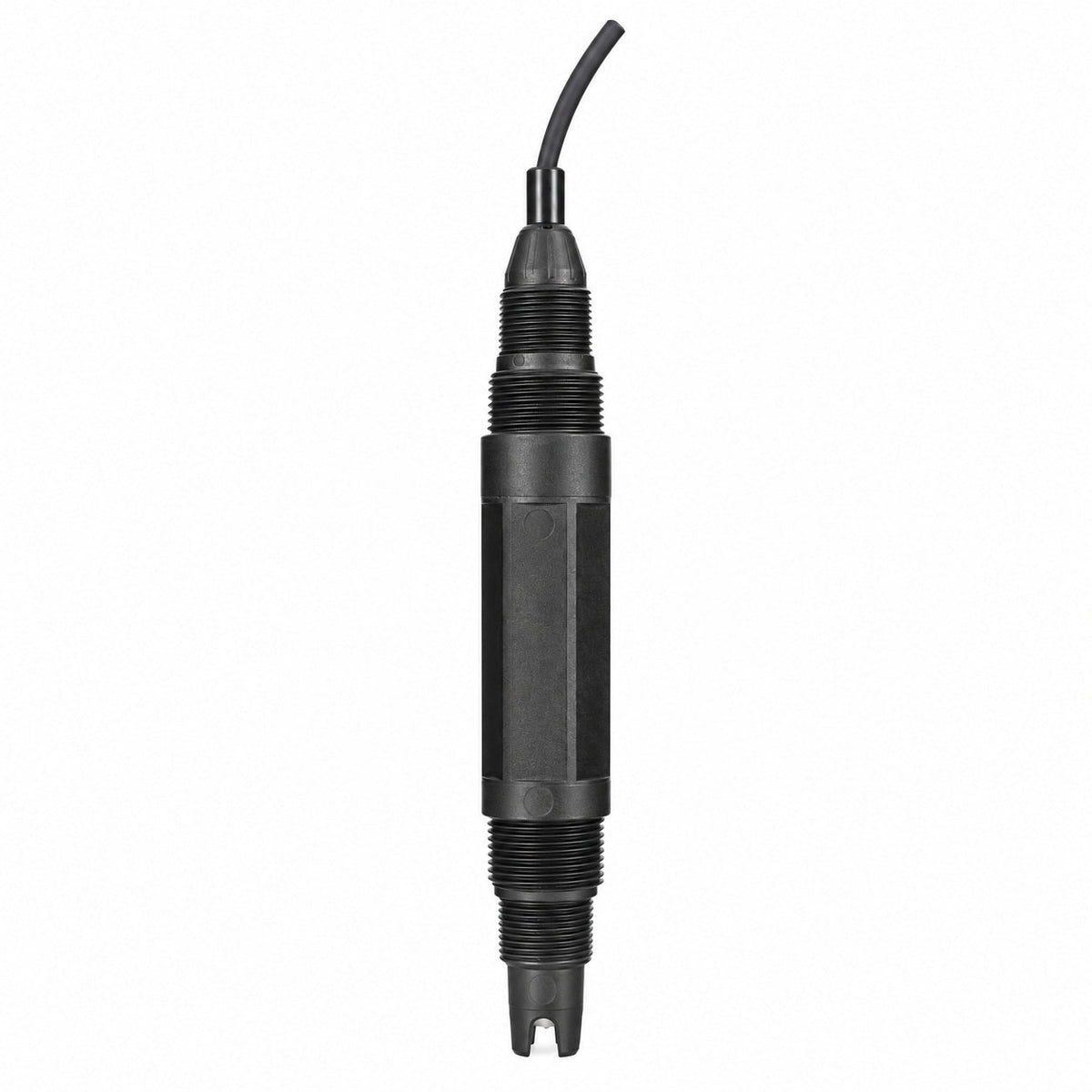 Industrial desulfurization pH sensor with black PPS body, upper and lower threads and cable on a white background