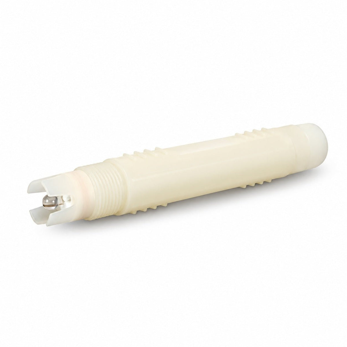 Close angled view of the pH sensor glass bulb and protective tip guard
