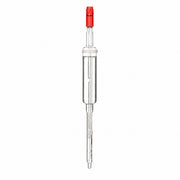 Sterilizable glass pH sensor with transparent reference reservoir and red connector on a white background
