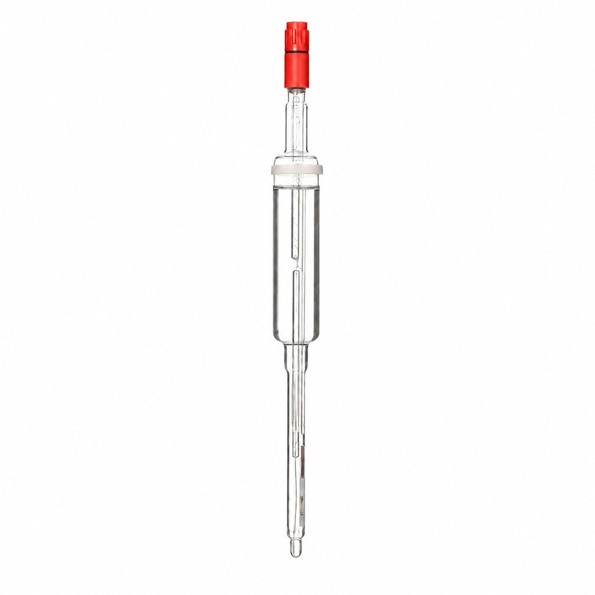 Sterilizable glass pH sensor with transparent reference reservoir and red connector on a white background