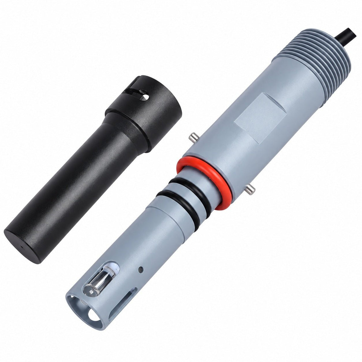 Ultra-pure water pH electrode with gray twist-lock housing, sealing rings and detached black protective cap on white background