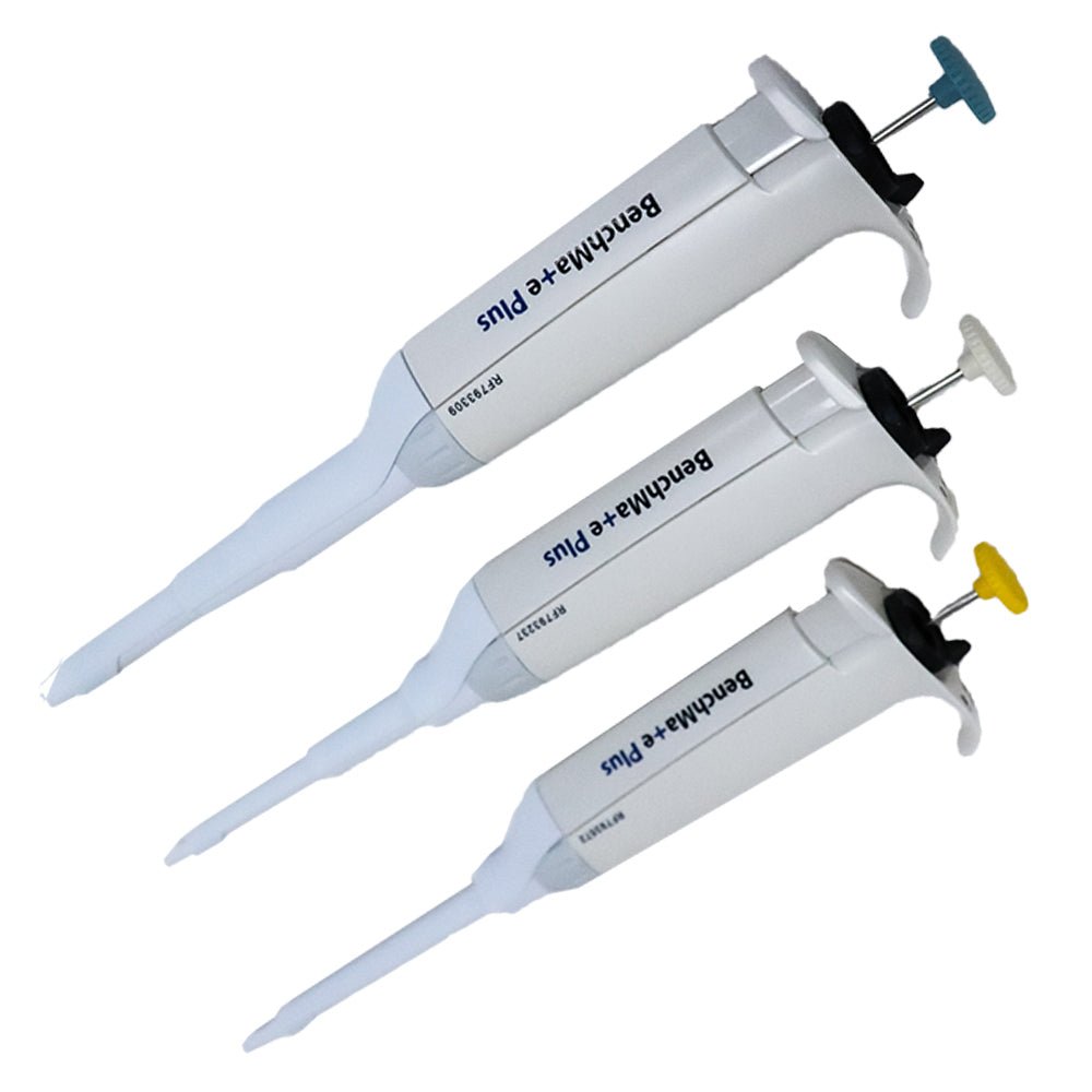 Set of single-channel pipettes by Oxford Lab Products, displayed at varying angles with yellow, blue, and white plungers.