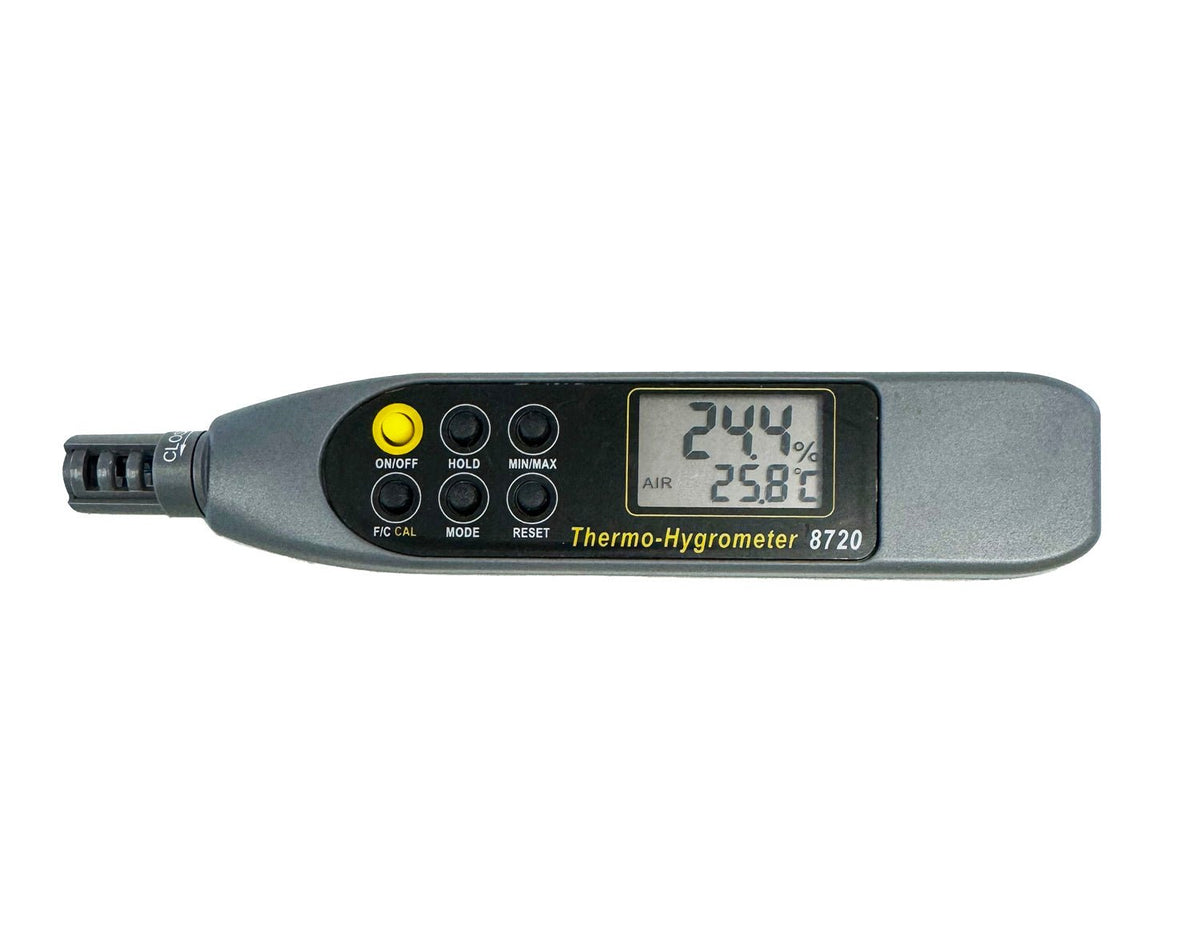 Pen style thermo-hygrometer with wet bulb and dew point by Sper Scientific, featuring a digital display and control buttons.

