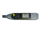 Pen style thermo-hygrometer with wet bulb and dew point by Sper Scientific, featuring a digital display and control buttons.
