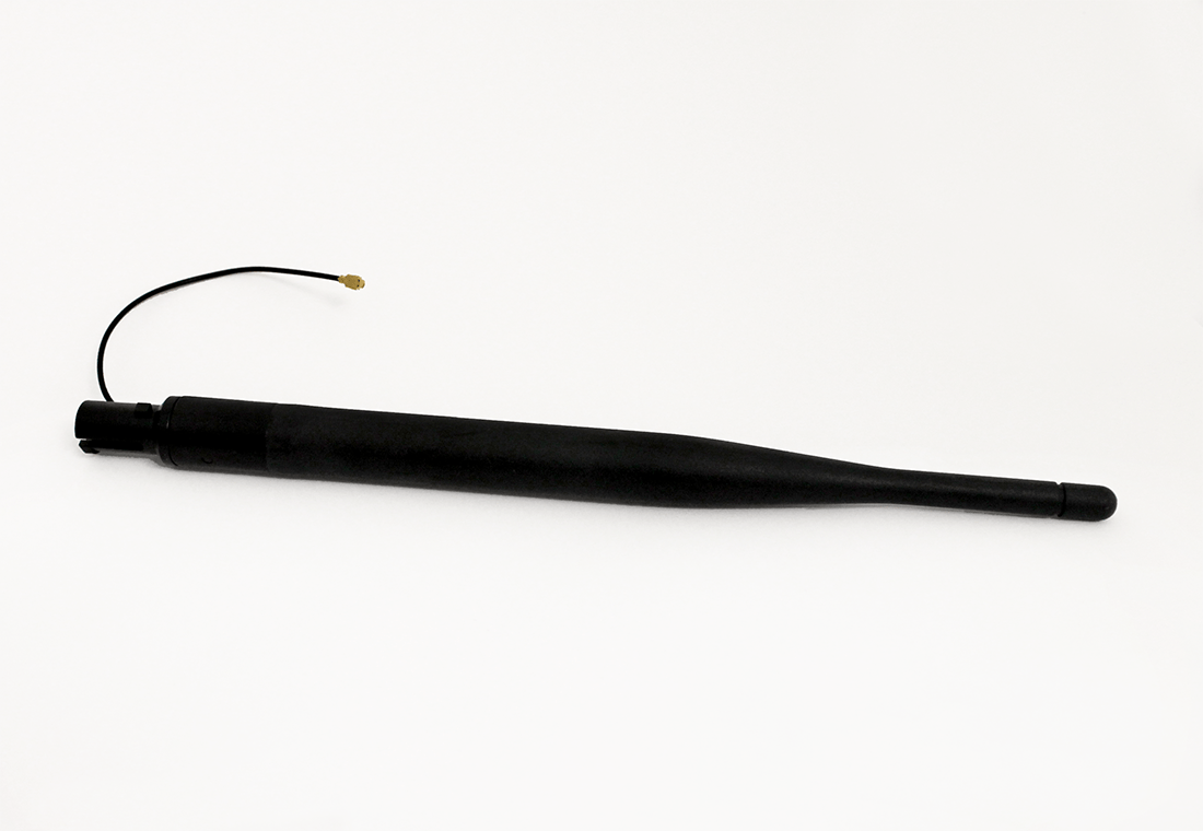 Black penta band cell antenna by Davis Instruments with a short cable and brass connector.