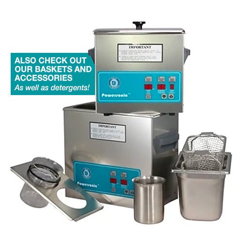 Benchtop ultrasonic cleaner by Crest Ultrasonics, displayed with various accessories including beakers and a cleaning basket.
