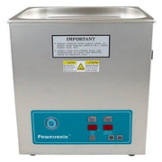 Benchtop ultrasonic cleaner by Crest Ultrasonics, featuring a stainless steel tank and a blue control panel.
