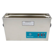 Stainless steel benchtop cleaner tank by Crest Ultrasonics with a teal control panel and warning label.