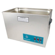 Stainless steel benchtop cleaner tank by Crest Ultrasonics with a rectangular design and a turquoise control panel.