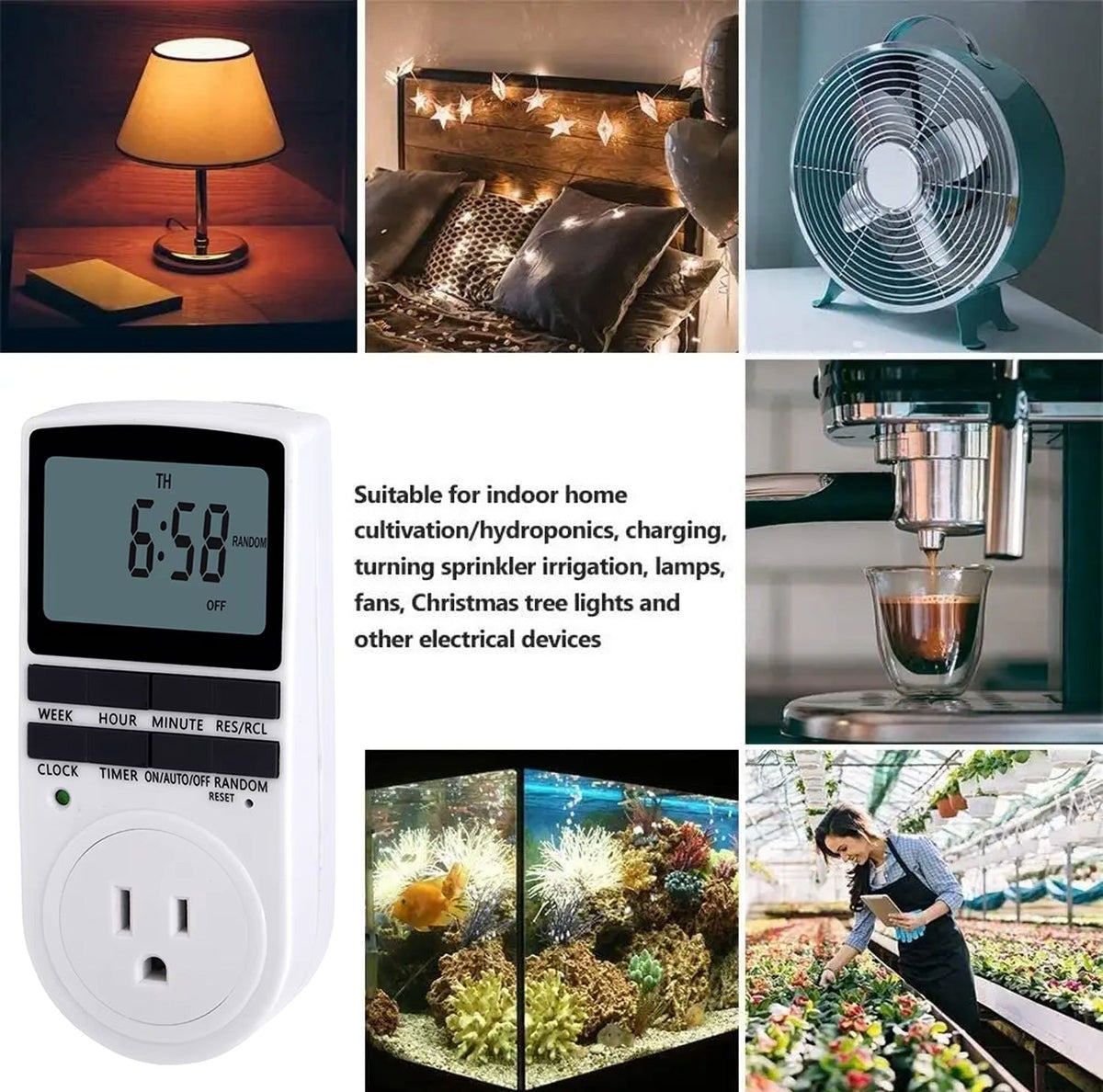 Programmable digital plug-in timer with LCD display by Sper Scientific showing various home applications.
