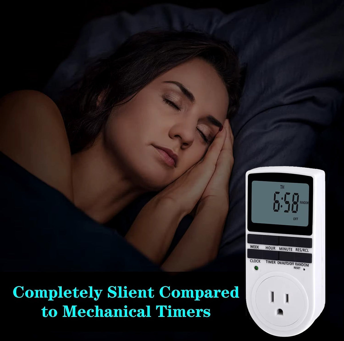 Plug-in digital timer with LCD display by Sper Scientific, shown next to a sleeping person in bed.
