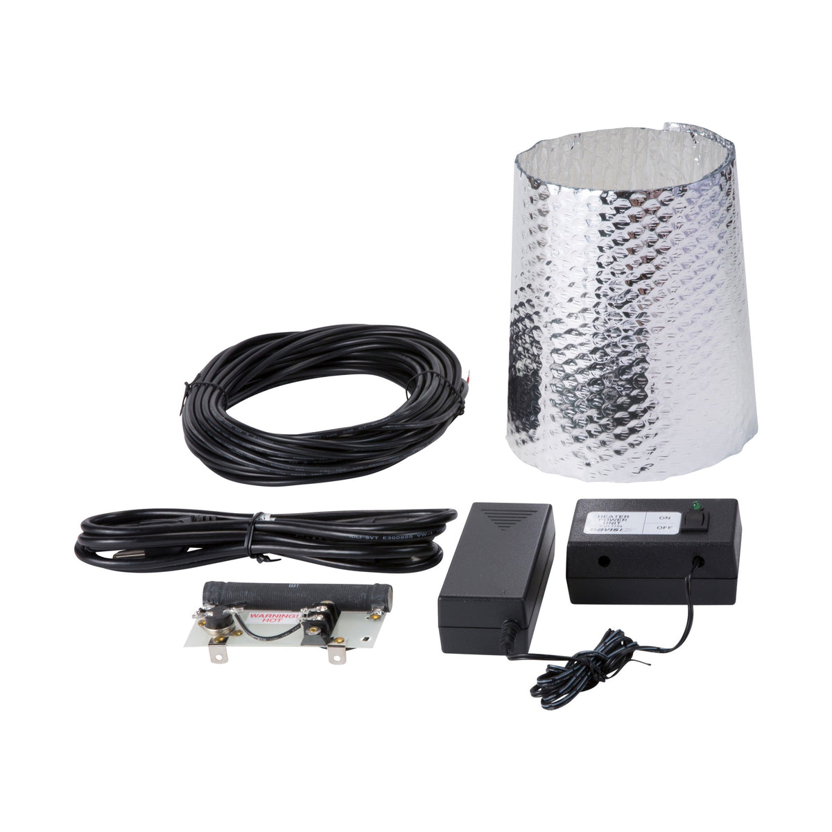 Rain collector heater by Davis Instruments, with a reflective silver insulation sleeve, coiled wire, and power adapter.