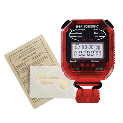 Red digital stopwatch by Sper Scientific with calibration reports and a lanyard.