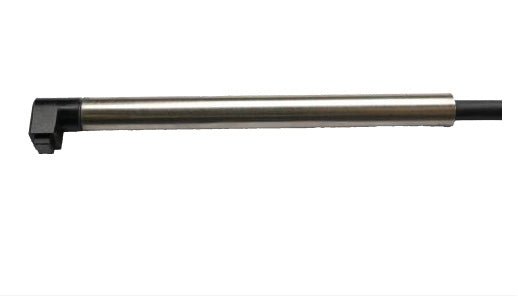 Right-angle pen probe for ultrasonic flaw detectors by BRK, with stainless steel shaft and black plastic connector.