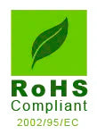 Green square logo with a leaf icon, below which "RoHS Compliant" and "2002/95/EC" are written in green text.