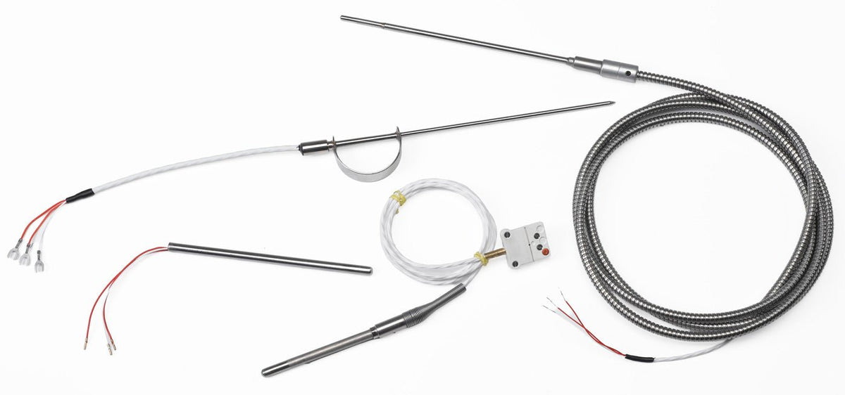 RTD transition with extension wire by Pyromation showing various metallic probe designs and connected leads on a white background.