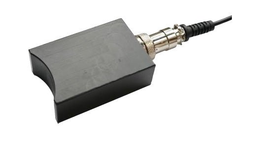 Black saddle-type probe for ultrasonic flaw detectors by BRK, connected to a cable with a chrome connector.