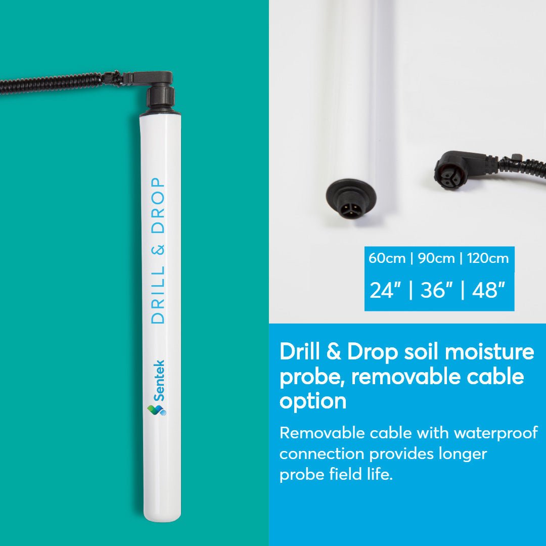 Soil moisture probe by Davis Instruments with removable waterproof cable for field use.