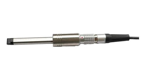 Small weld probe for VORTEX Series Flaw Detectors by BRK, showing a stainless steel finish with a black cable.

