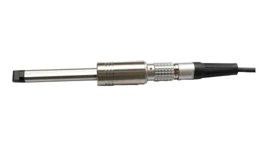 Small weld probe for VORTEX Series Flaw Detectors by BRK, showing a stainless steel finish with a black cable.
