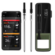 Smart wireless meat thermometer with dual probe by Sper Scientific, displaying temperature readings next to a charging case.
