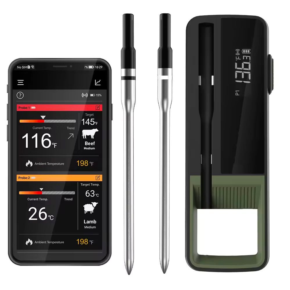 Smart wireless meat thermometer with dual probe by Sper Scientific, displaying temperature readings next to a charging case.
