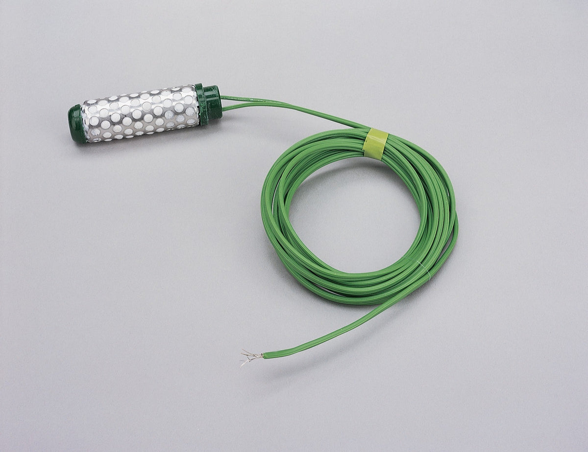Soil moisture sensor by Davis Instruments with a green cable, coiled beside a silver-colored, perforated cylindrical tip.