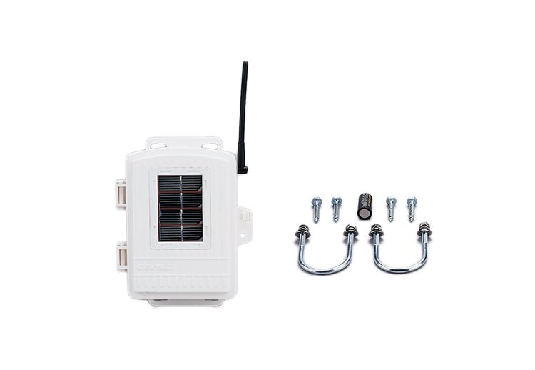 White solar-powered wireless sensor transmitter by Davis Instruments with antenna and mounting hardware on a white background.