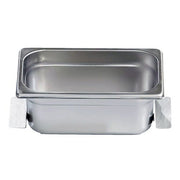 Stainless steel auxiliary pan by Crest Ultrasonics with a rectangular shape and shiny surface.