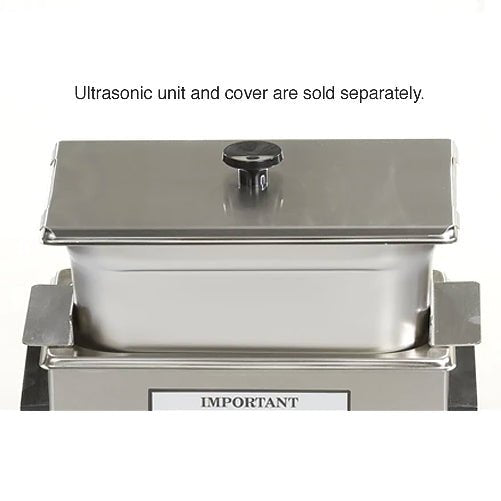 Stainless steel auxiliary pan by Crest Ultrasonics with a matching lid and a black knob.