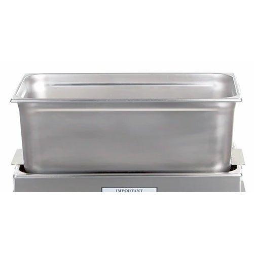 Stainless steel auxiliary pan by Crest Ultrasonics, shown in a side view.