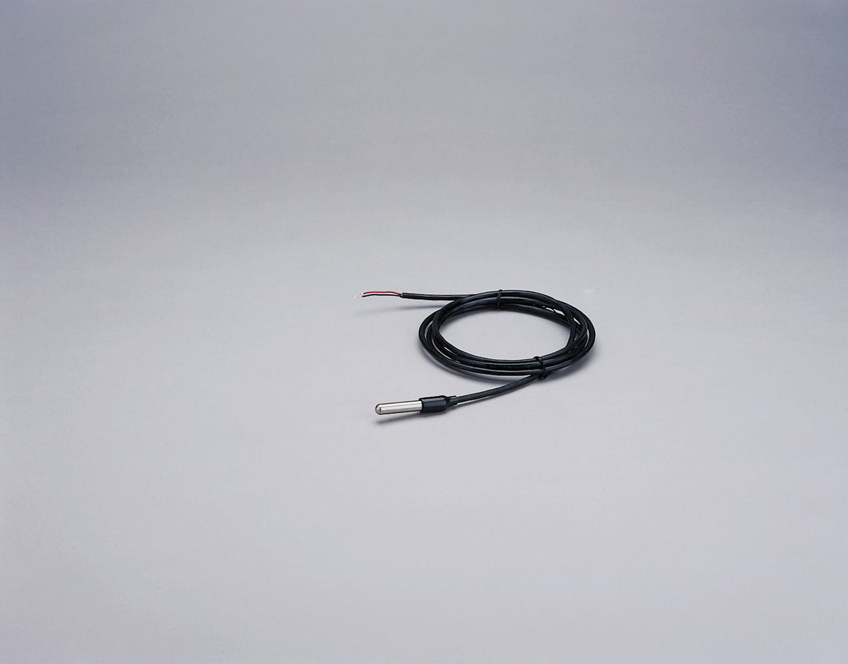 Stainless steel temperature probe by Davis Instruments with black cabling and two-wire termination.