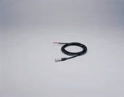 Stainless steel temperature probe by Davis Instruments with black cabling and two-wire termination.