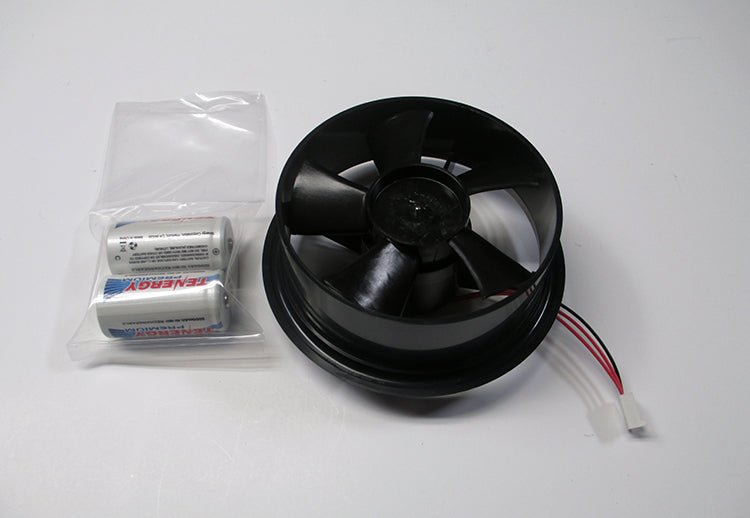 Black fan motor kit by Davis Instruments, with batteries and wiring.