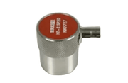 Straight beam probe by BRK with a metallic, knurled surface and red top.
