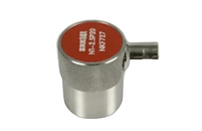 Straight beam probe by BRK with a metallic, knurled surface and red top.
