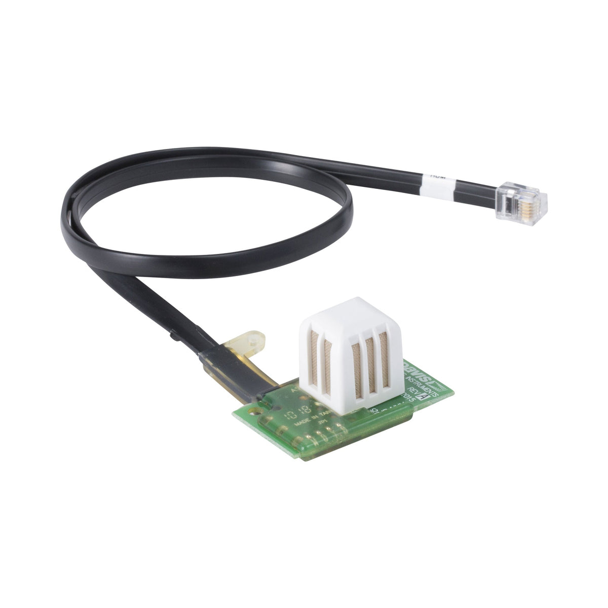 Digital temperature and humidity sensor board by Davis Instruments, featuring a white vented cover and black cable with connector.