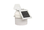 Temperature and humidity sensor with 24-hour aspirated radiation shield by Davis Instruments, showing layered white design and solar panel.
